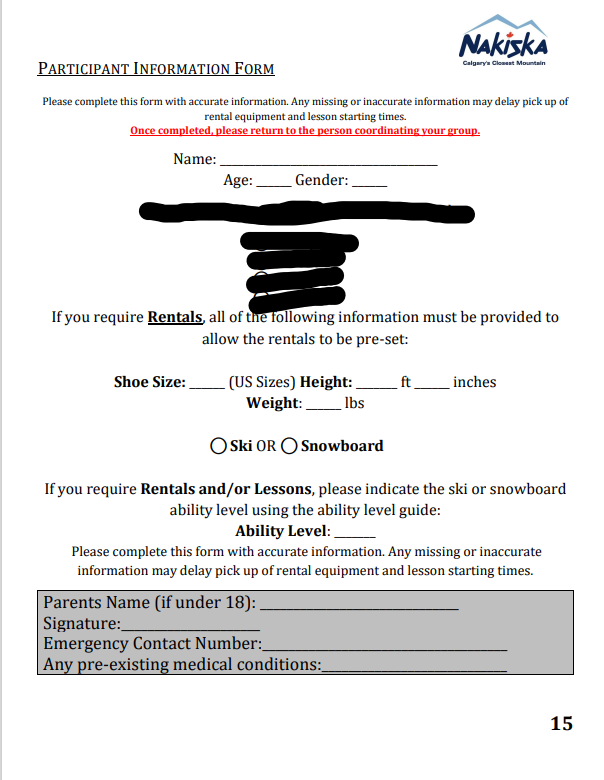 Ski/Snowboard Rental Form